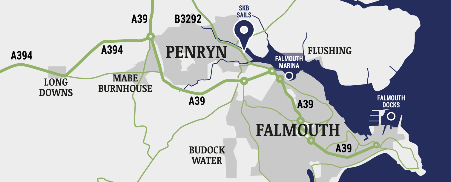Stylised map of SKB Sails, Penryn and Falmouth